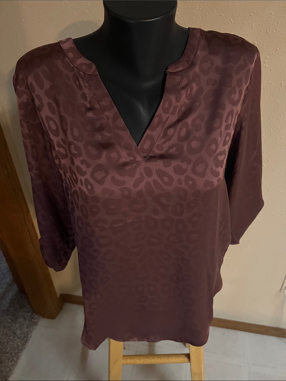 Maurices Burgundy Satin Leopard-Print V-Neck Blouse